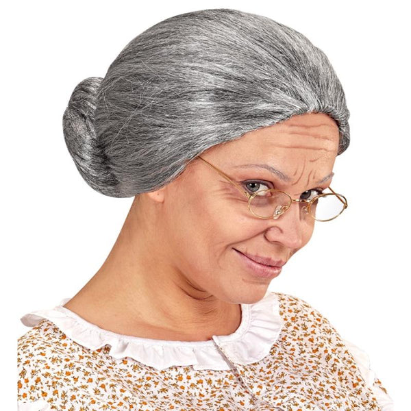 Grey grandmother wig with traditional bun hairstyle for old lady and character costumes