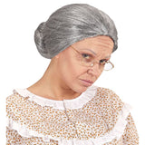 Adult granny costume wig with neat grey bun hairstyle for theatre and Book Week dress-up