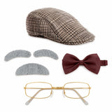 Contents of the Grandpa Instant Kit including flat cap, bow tie, glasses, eyebrows and moustache.