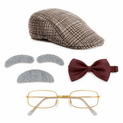 Grandpa instant costume kit with flat cap, bow tie, glasses, eyebrows and moustache.