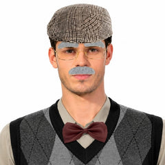 Grandpa instant costume kit with flat cap, bow tie, glasses, eyebrows and moustache.