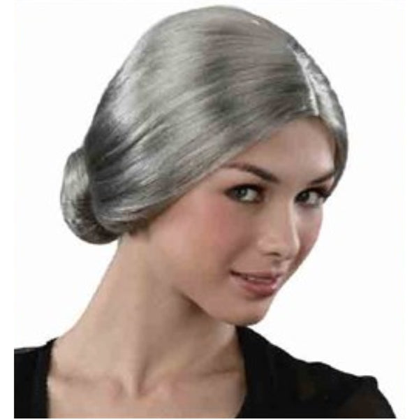 Grey Granny Wig with centre part and low bun, for 100 Days of School and Mrs Claus.