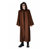 Adult wearing a brown hooded gravekeeper robe costume for Halloween, theatre and medieval dress-up.