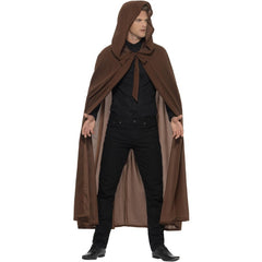 Adult brown gravekeeper’s cloak costume with attached hood – Halloween, medieval, or fantasy outfit