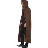 Person wearing a brown hooded cloak on a white background