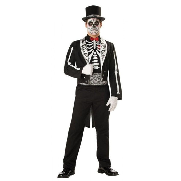 Graveyard groom skeleton costume with black tailcoat and skeletal detailing for hire in Brisbane