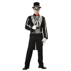 Graveyard groom skeleton costume with black tailcoat and skeletal detailing for hire in Brisbane
