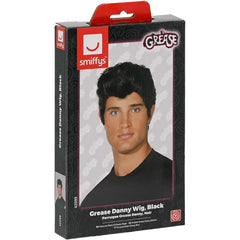 Grease Danny wig in black has body and is swept back style.