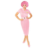 Grease Frenchy Womens Costume, pink dress with pencil skirt and white belt.