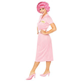 Grease Frenchy Womens Costume, pink dress with pencil skirt and white belt.