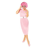 Grease Frenchy Womens Costume, pink dress with pencil skirt and white belt.