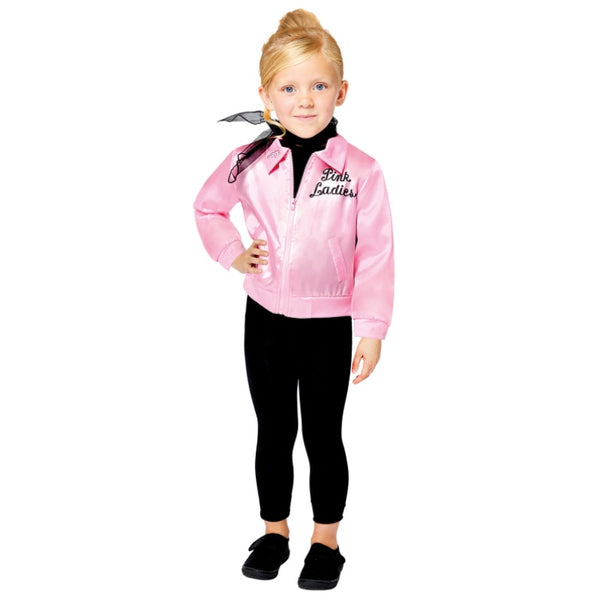 Grease pink lady girls costume, with logos, leggings and scarf.