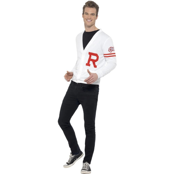 Front view of the Grease Rydell Prep Costume featuring a white cardigan with a red "R" on the chest and the Grease logo on the sleeve, capturing the classic high school style from the film.
