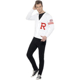 Front view of the Grease Rydell Prep Costume featuring a white cardigan with a red "R" on the chest and the Grease logo on the sleeve, capturing the classic high school style from the film.