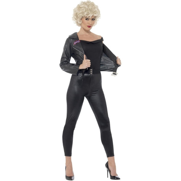Grease Sandy Final Scene Women’s Costume – front view featuring black off-the-shoulder top, fitted jacket with "Grease" logo on lapel, and high-waisted pants.
