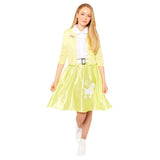 Grease Sandy Summer Nights Women's Costume, dress with yellow skirt and poodle image and yellow cardigan with logo.