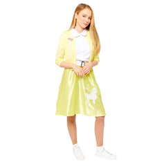 Grease Sandy Summer Nights Women's Costume, dress with yellow skirt and poodle image and yellow cardigan with logo.