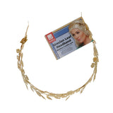 Gold Grecian leaf headband with packaging on a white background