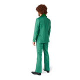 Back vew of green suit with splits in the jacket