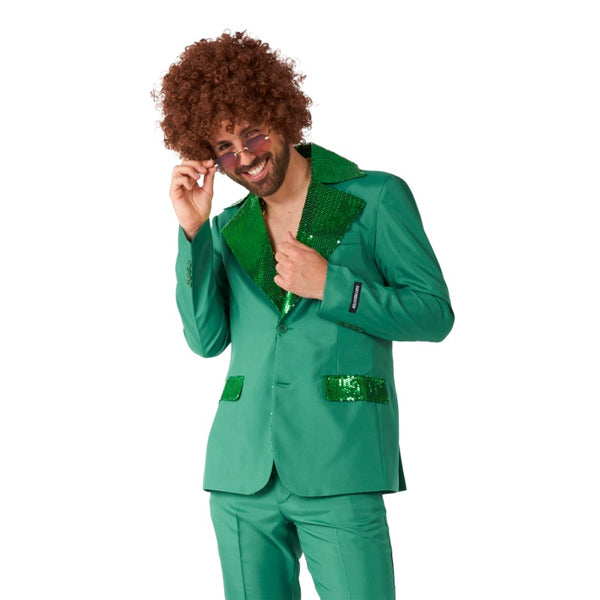 Man wearing green disco suit costume with green sequin lapels and matching pants