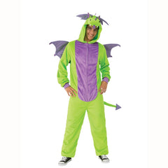 Green Dragon Furry Onesie Costume - Adult, green and purple onesie with attached hood, wings and tail.
