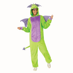 Green Dragon Furry Onesie Costume - Adult, green and purple onesie with attached hood, wings and tail.