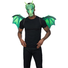 Green dragon costume kit with 3D mask featuring spikes and matching wings for kids and adults