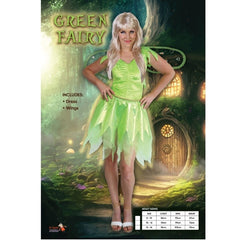 green fairy womens costume, dress with layered jaggered hemline, bodice with jagged cap sleeve plus wings.