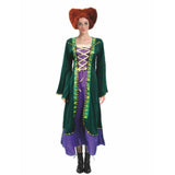 Adult Green Hocus Witch Costume featuring a vibrant green and purple dress with lace-up bodice detail, perfect for Halloween or magical-themed events.