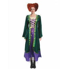 Adult Green Hocus Witch Costume featuring a vibrant green and purple dress with lace-up bodice detail, perfect for Halloween or magical-themed events.