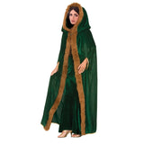  Second image of the long green hooded cape showing functional slits for hands, with brown faux fur trim along the edges, ideal for fantasy or medieval costumes.