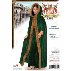  Second image of the long green hooded cape showing functional slits for hands, with brown faux fur trim along the edges, ideal for fantasy or medieval costumes.