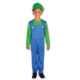 Child wearing a green plumber costume with blue overalls and matching cap for Book Week and school dress-up.
