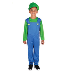 Child wearing a green plumber costume with blue overalls and matching cap for Book Week and school dress-up.