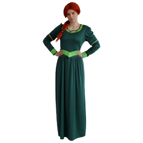 Ladies Green Princess Dress with gold trim front view