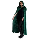 Female wearing green velvet hooded cape with attached hood – front view