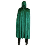 Back view of green velvet hooded cape on male model