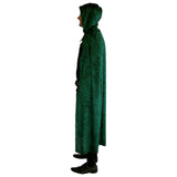 Male wearing green velvet hooded cape showing hood detail – side view
