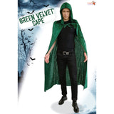 Green velvet hooded cape adult packaging by Dr Toms