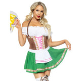 Gretchen hire dress has apron attached and full skirt, peasant style bodice.