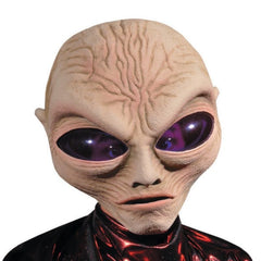 Grey alien latex mask with large black eyes for hire in Brisbane