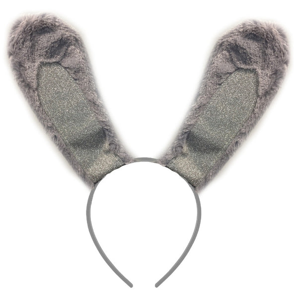 Grey fluffy bunny rabbit ears headband with silver glitter detail
