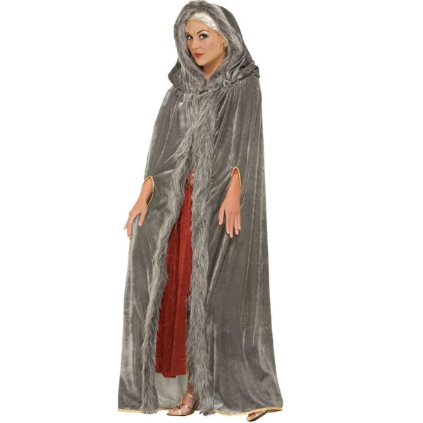 Alternate view of the grey and gold hooded cape, showcasing the soft faux fur trim and detailed gold braid edging, ideal for adding a regal touch to fantasy or medieval costumes.