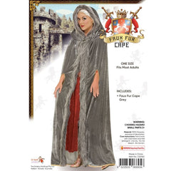 Alternate view of the grey and gold hooded cape, showcasing the soft faux fur trim and detailed gold braid edging, ideal for adding a regal touch to fantasy or medieval costumes.