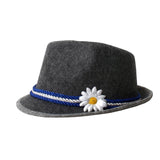 Grey Oktoberfest Fedora with blue and white cord band and white daisy.