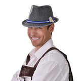 Grey Oktoberfest Fedora with blue and white cord band and white daisy.