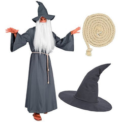 Grey wizard costume for adults with long robe, belt and pointed hat