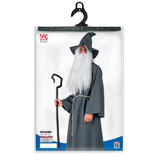 Packaging of Fantasy wizard costume for adults in grey with long robe and matching accessories