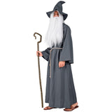 Grey wizard costume for adults with long robe, belt and pointed hat