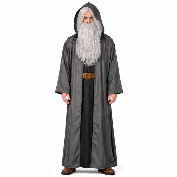 Grey wizard robe adult costume with attached hood for Book Week, medieval, fantasy and Halloween costumes.